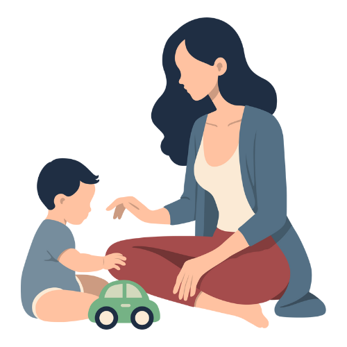 mother and baby playing with a green toy car