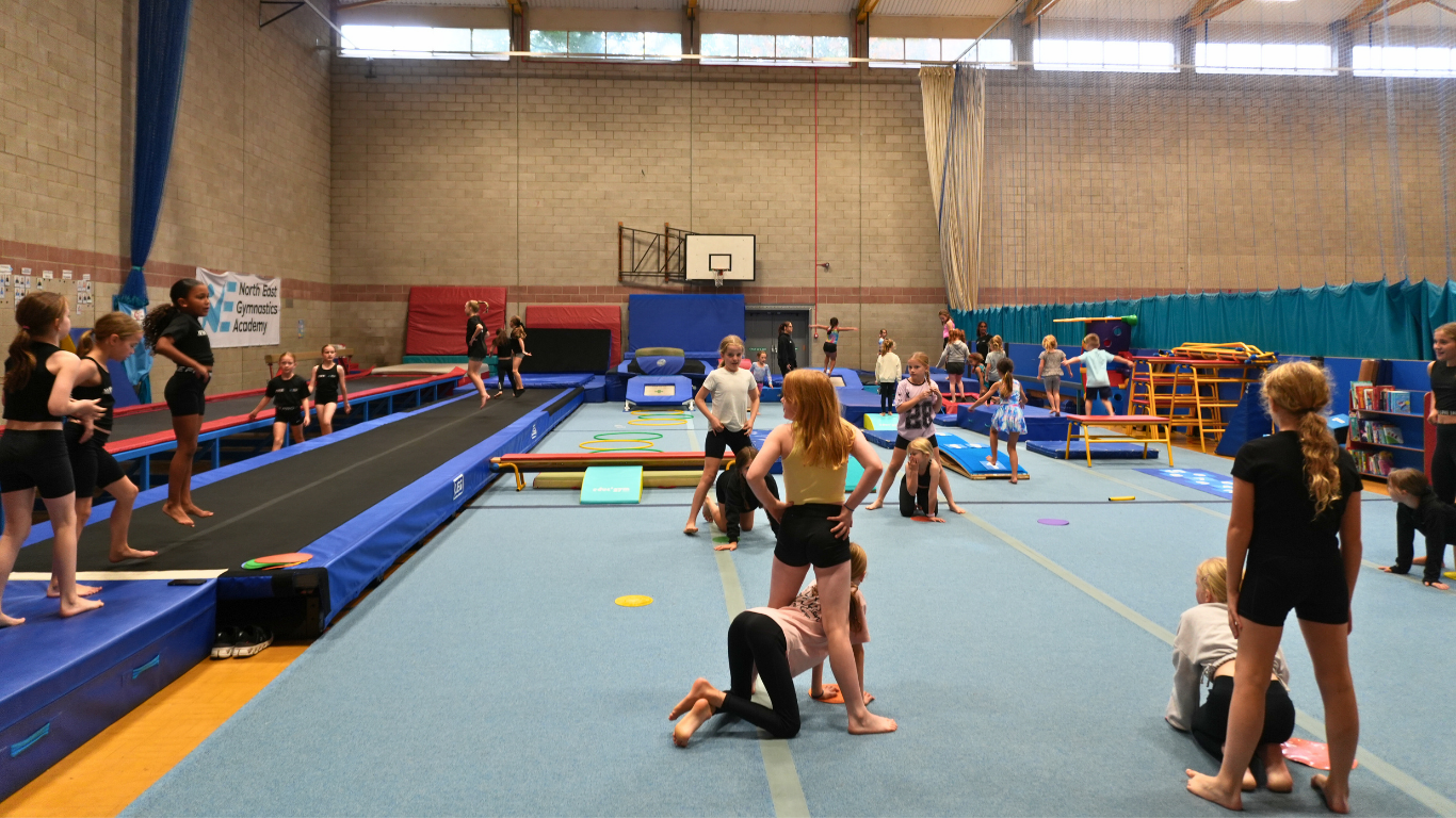 recreational gymnastics class with lots of gymnasts participating
