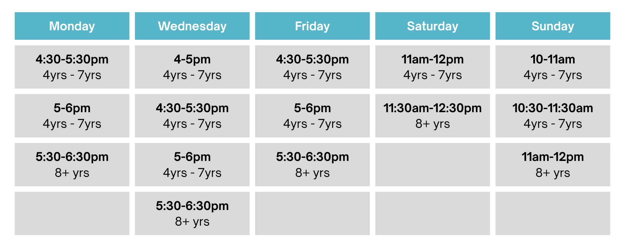 timetable of recreational classes